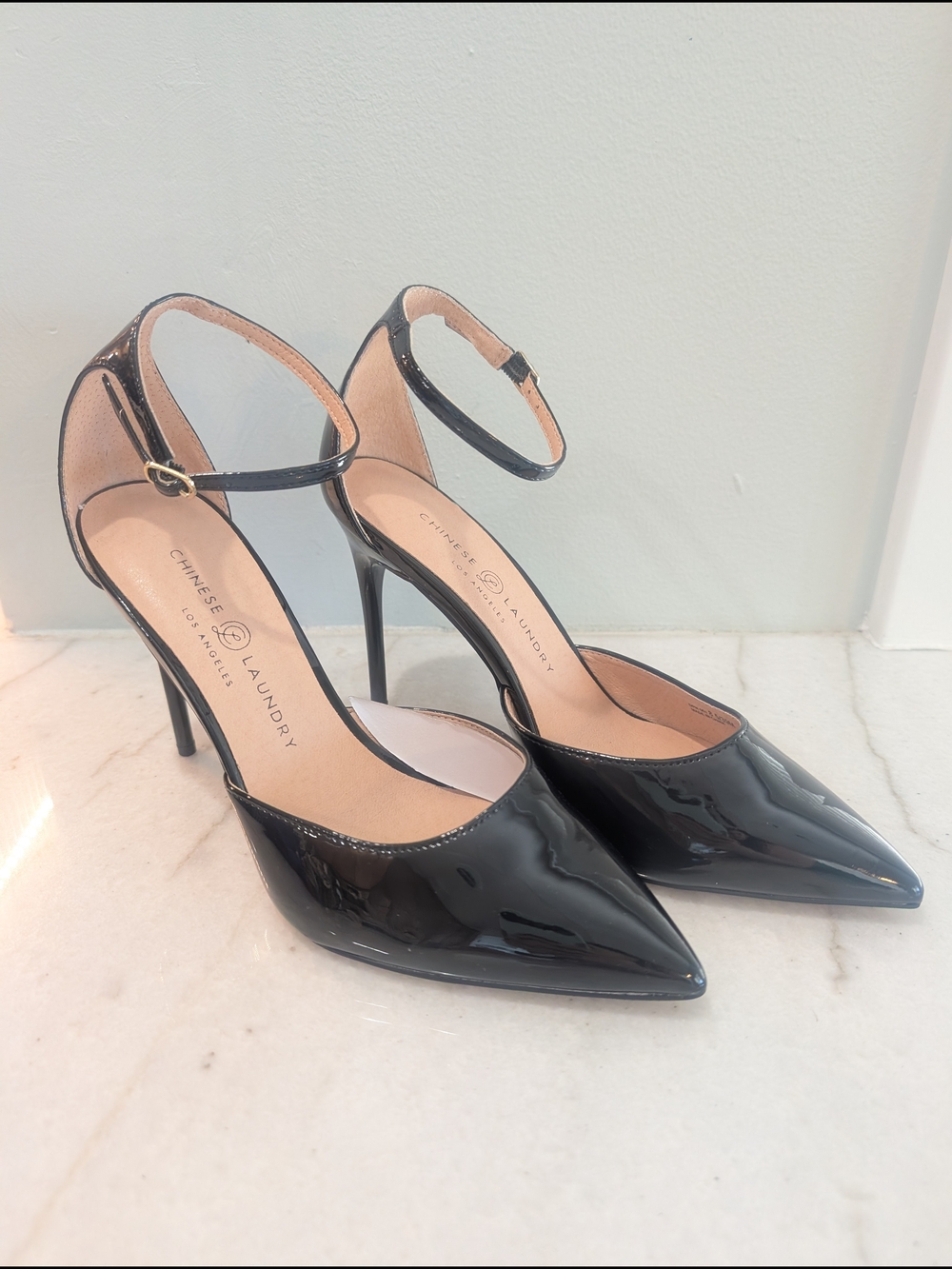 Chinese Laundry Black Patent Pointed-Toe Ankle-Strap Stiletto Heels Size 8.5 New - Picture 1 of 7